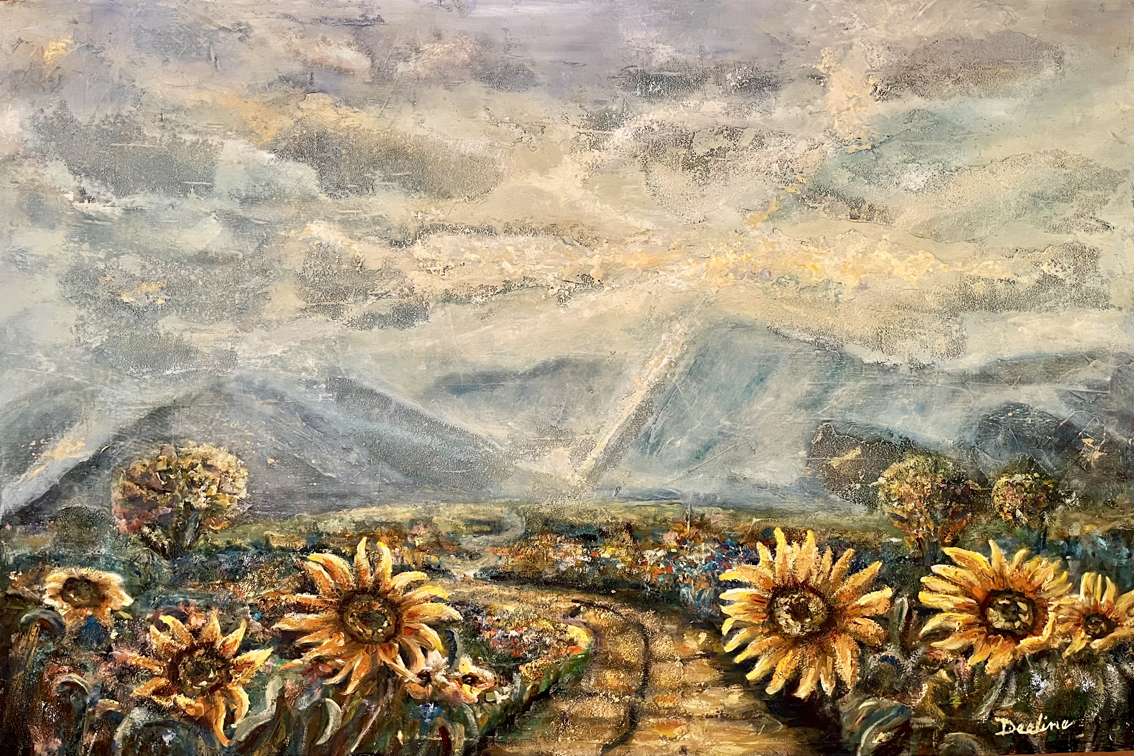 Light and Love from Heaven - Mixed media painting of a divine landscape, 36x24 inches
